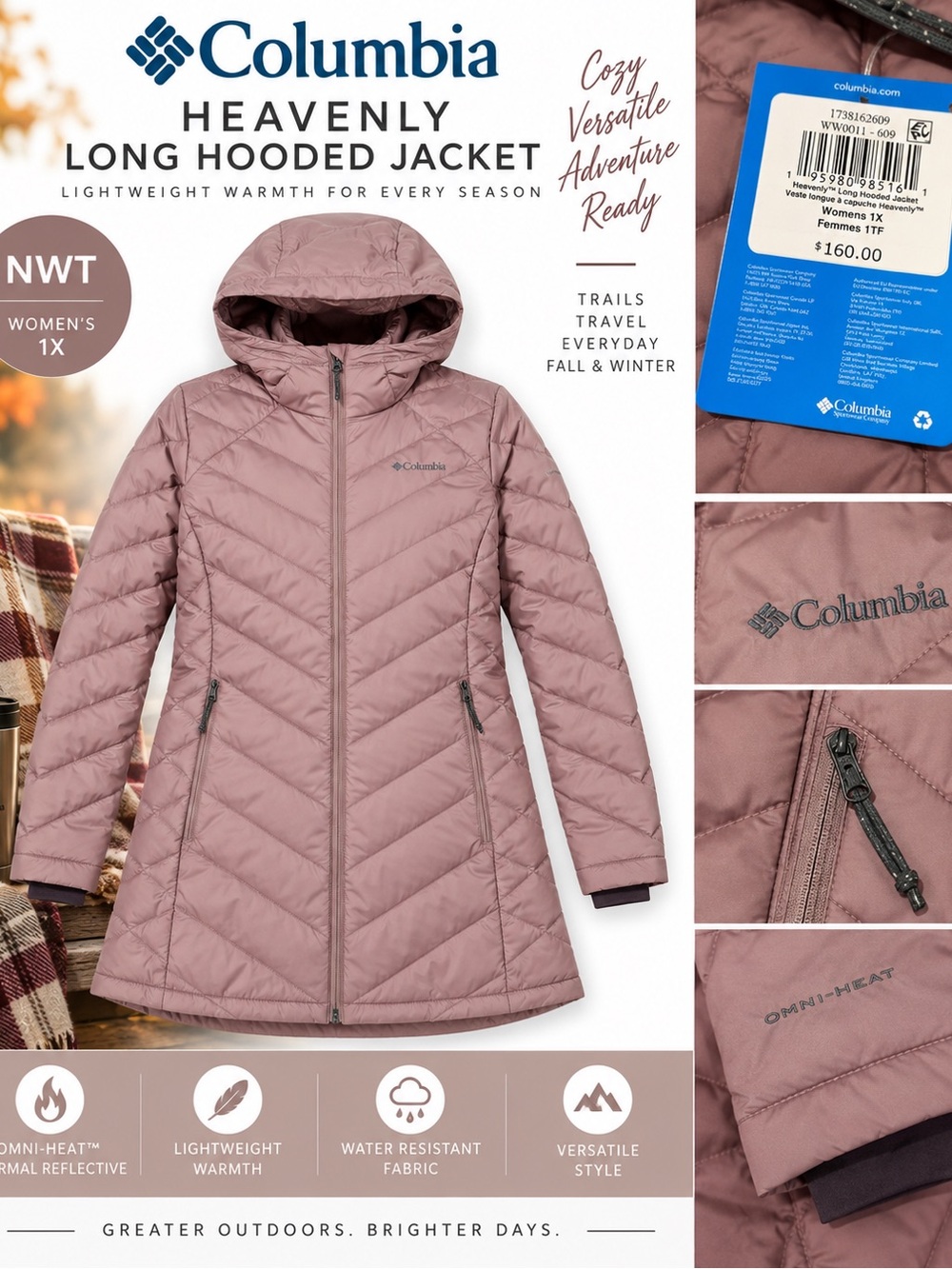 NWT Columbia Heavenly Long Hooded Jacket Fig Omni-Heat Women 1X $160